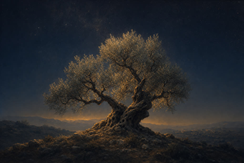 An ancient olive tree at dawn, light breaking on the horizon behind it.